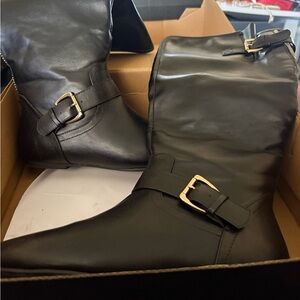 Shoe Dazzle Black Buckle Heeled Boots